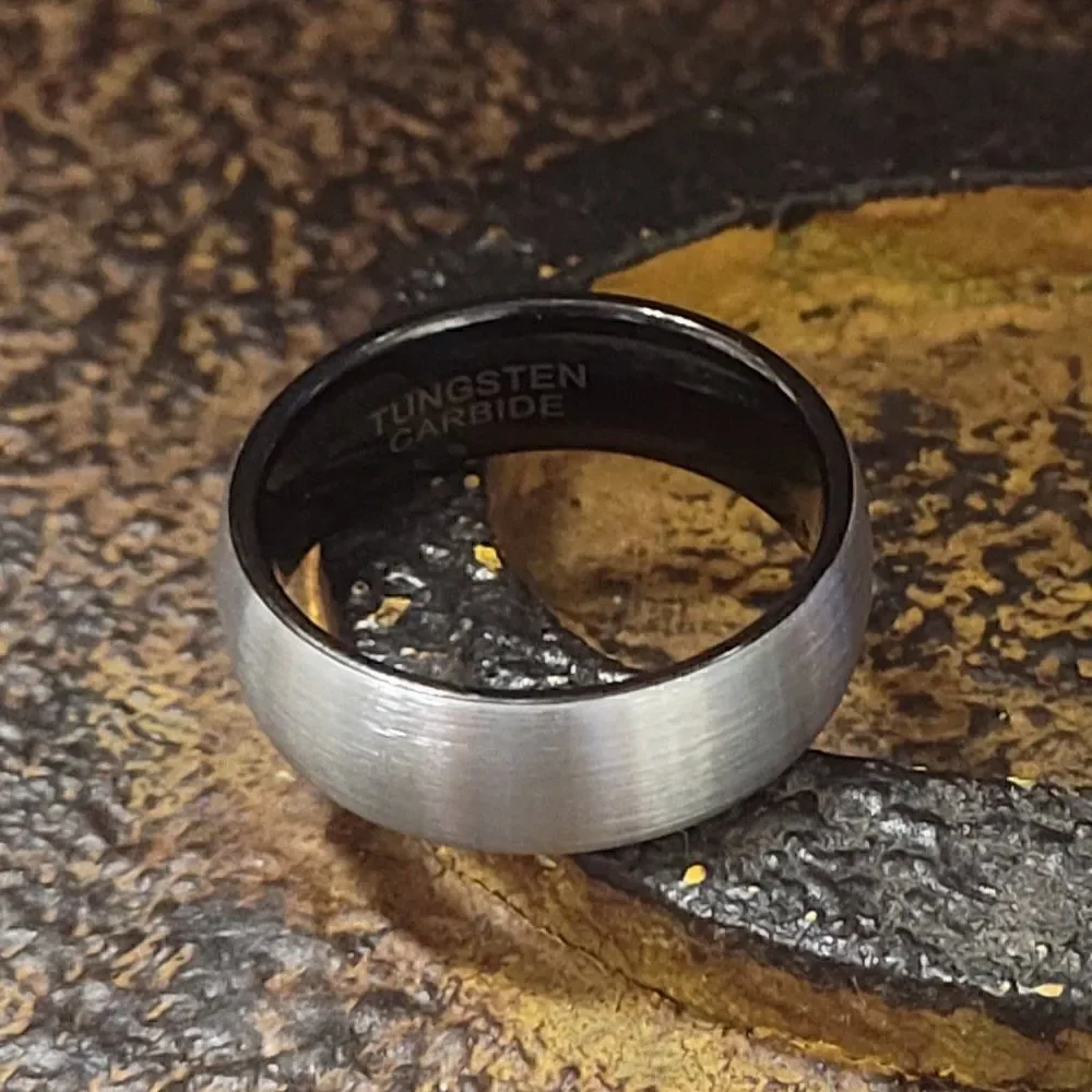 Personalized Engraved Men's Silver and Black Wedding Ring Band - Brushed Steel